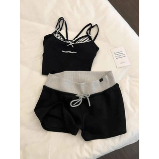 Bộ ngủ 2 dây xám đen mix caro nơ ngực