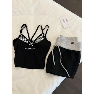 Bộ ngủ 2 dây xám đen mix caro nơ ngực