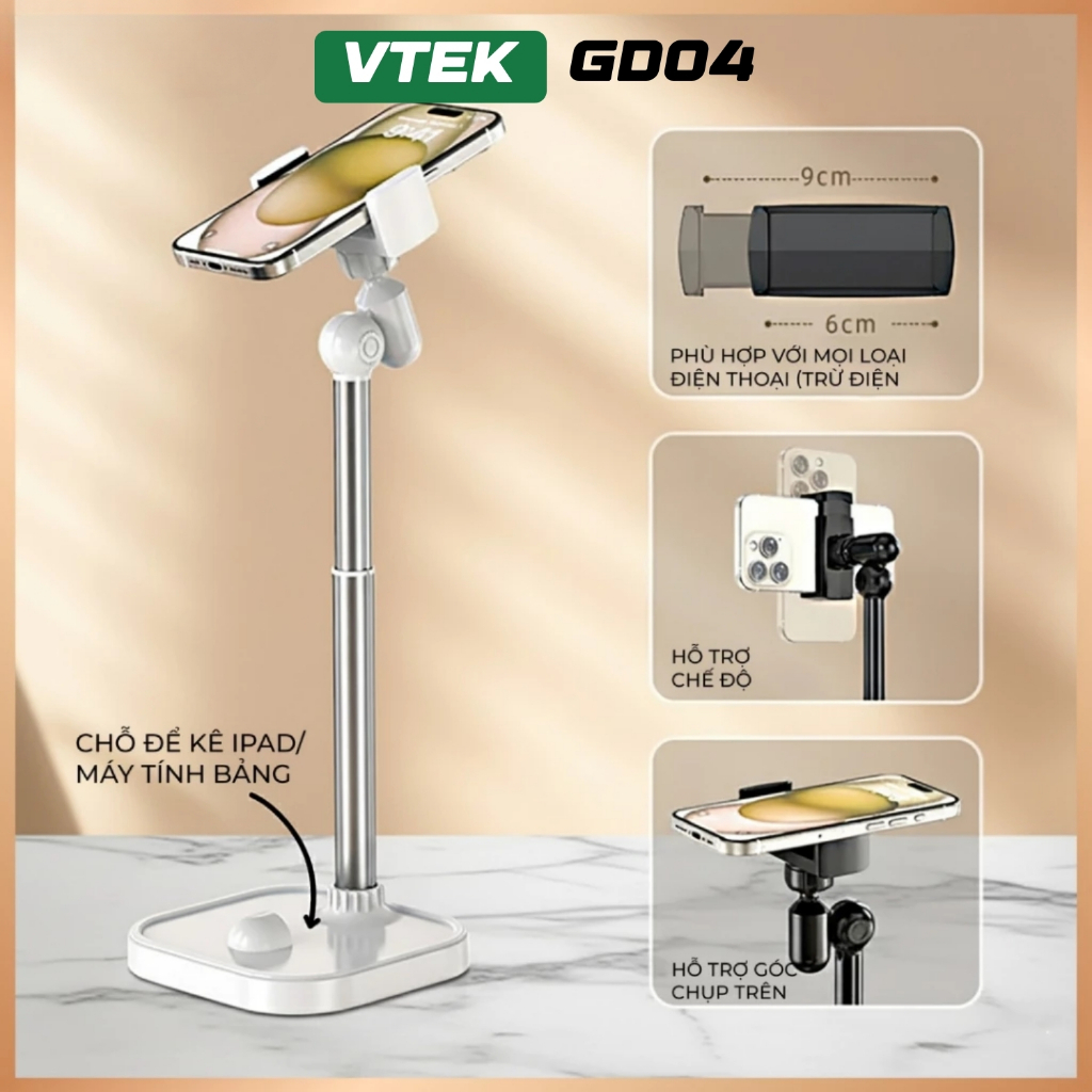 Giá Đỡ Điện Thoại Livestream VTEK GD04 – Kẹp Điện Thoại Quay Video, Góc Xoay 360°, Điều Chỉnh Chiều Cao