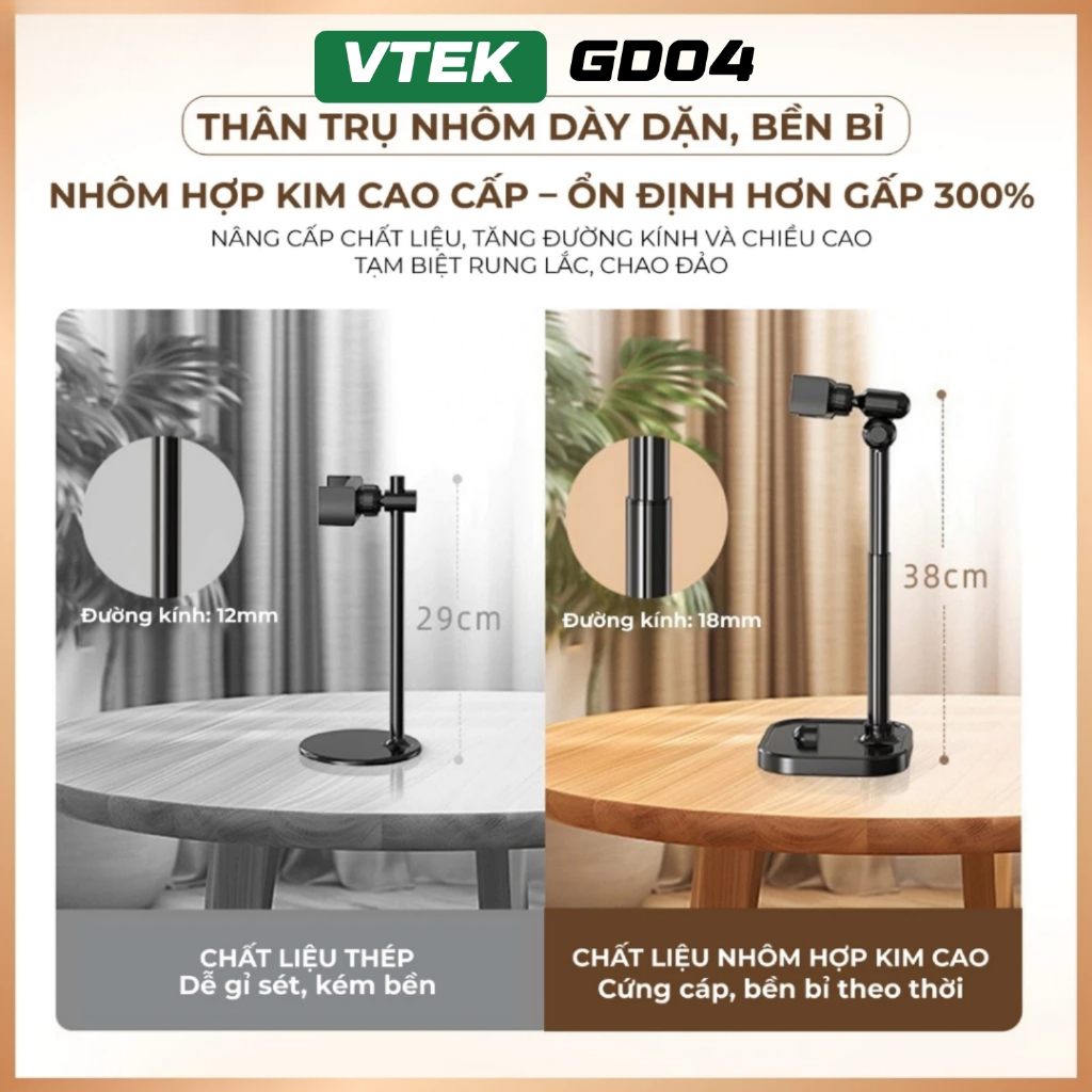 Giá Đỡ Điện Thoại Livestream VTEK GD04 – Kẹp Điện Thoại Quay Video, Góc Xoay 360°, Điều Chỉnh Chiều Cao