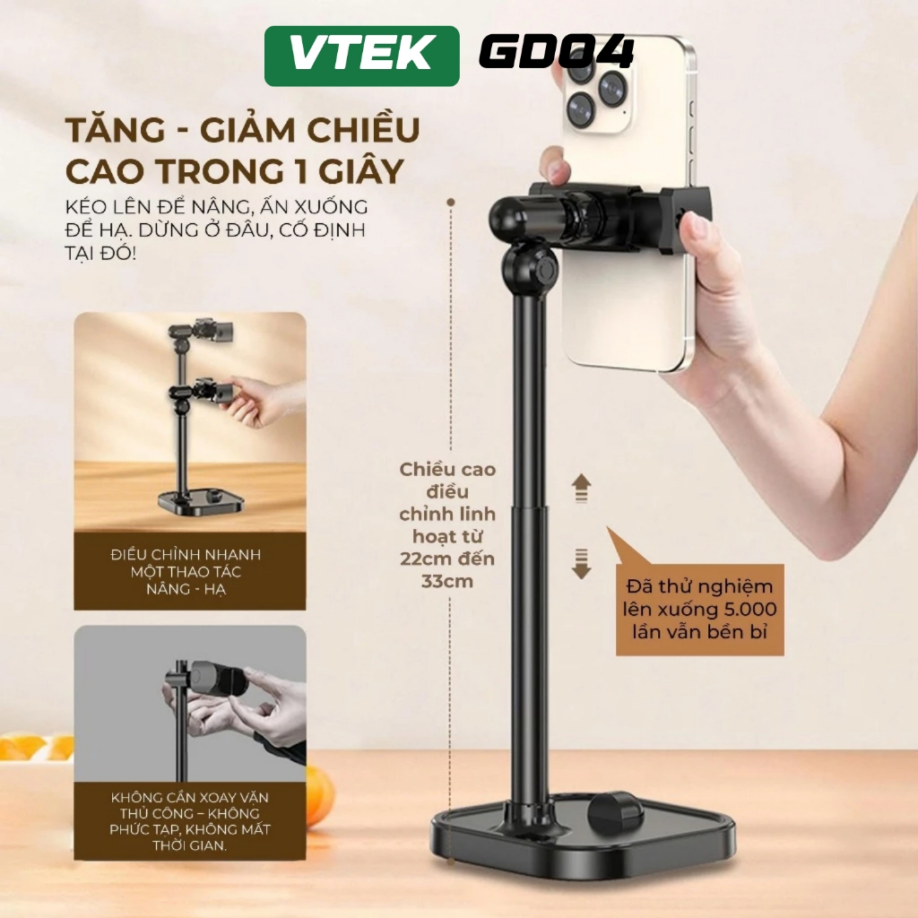 Giá Đỡ Điện Thoại Livestream VTEK GD04 – Kẹp Điện Thoại Quay Video, Góc Xoay 360°, Điều Chỉnh Chiều Cao