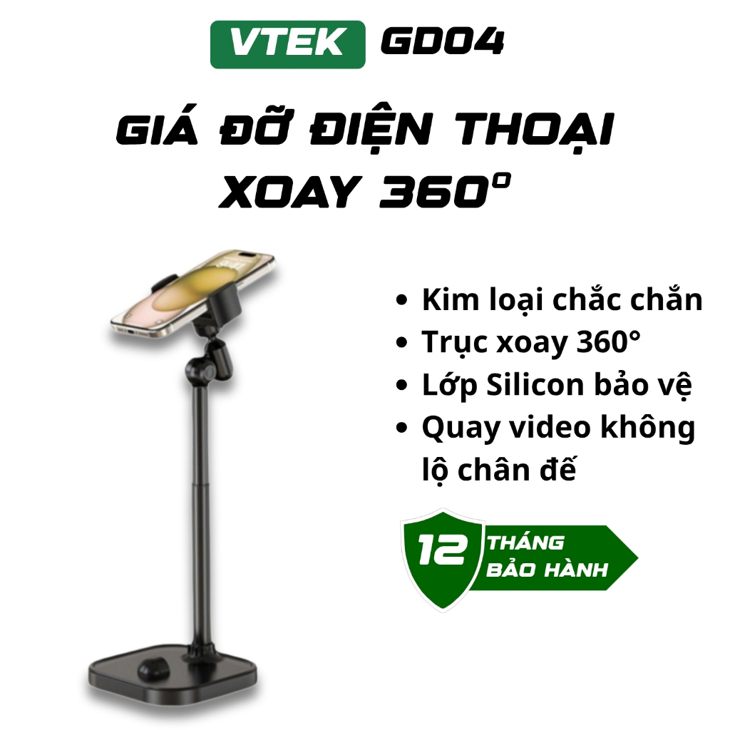 Giá Đỡ Điện Thoại Livestream VTEK GD04 – Kẹp Điện Thoại Quay Video, Góc Xoay 360°, Điều Chỉnh Chiều Cao