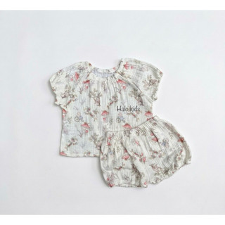 Bộ cộc tay quần bí Xô muslin họa tiết xinh xắn cho bé gái