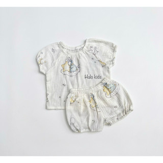 Bộ cộc tay quần bí Xô muslin họa tiết xinh xắn cho bé gái