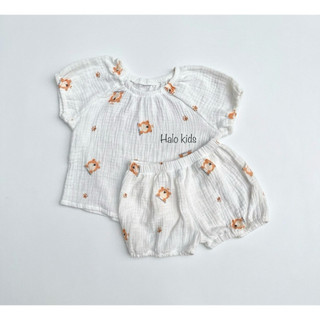 Bộ cộc tay quần bí Xô muslin họa tiết xinh xắn cho bé gái