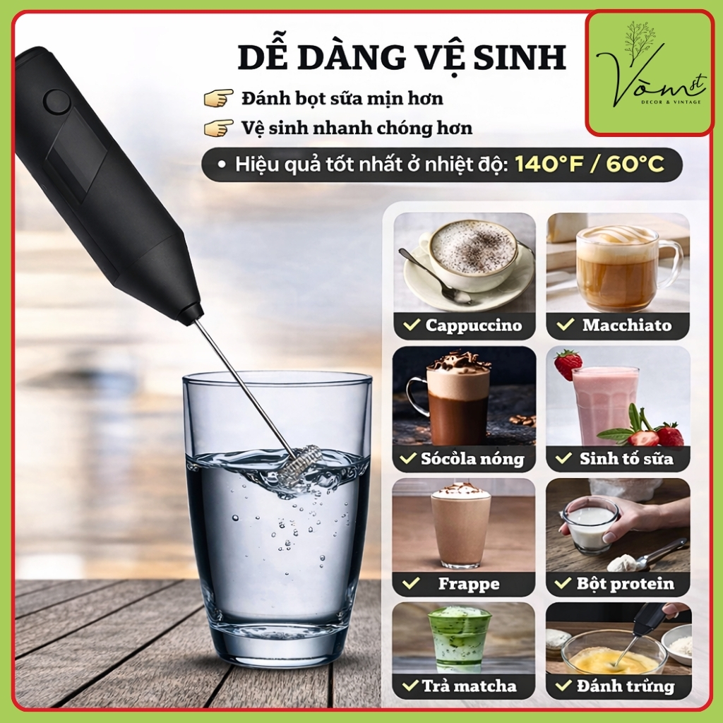 Máy Đánh Bọt Sữa & Trứng Mini Cầm Tay VÒM DECOR –Tạo Foam Mịn Nhanh, Động Cơ Mạnh Mẽ, Pha Café, Matcha,Sữa Tươi Tiện Lợi