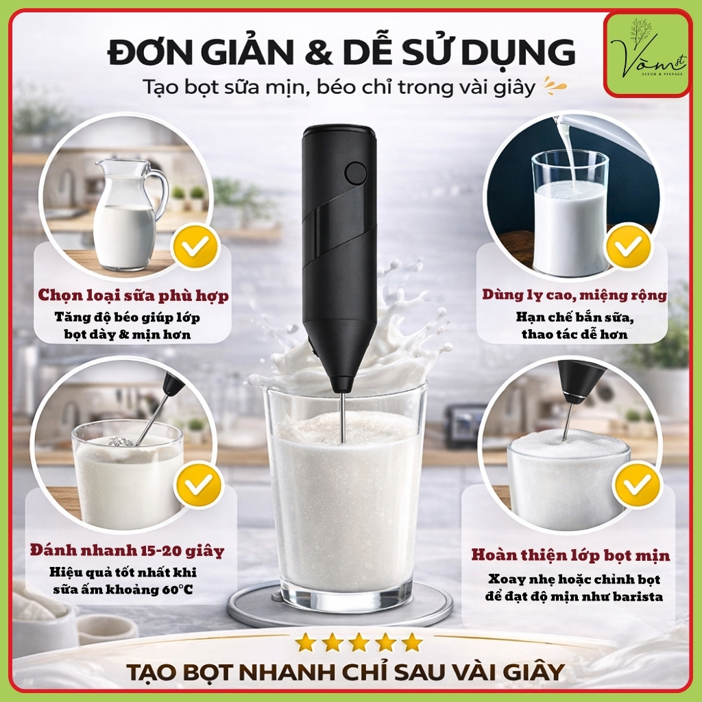 Máy Đánh Bọt Sữa & Trứng Mini Cầm Tay VÒM DECOR –Tạo Foam Mịn Nhanh, Động Cơ Mạnh Mẽ, Pha Café, Matcha,Sữa Tươi Tiện Lợi