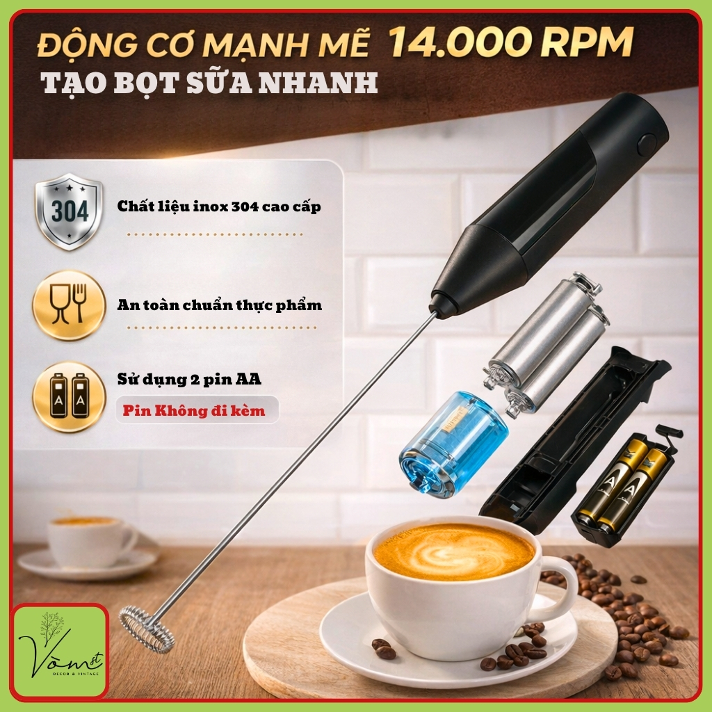Máy Đánh Bọt Sữa & Trứng Mini Cầm Tay VÒM DECOR –Tạo Foam Mịn Nhanh, Động Cơ Mạnh Mẽ, Pha Café, Matcha,Sữa Tươi Tiện Lợi