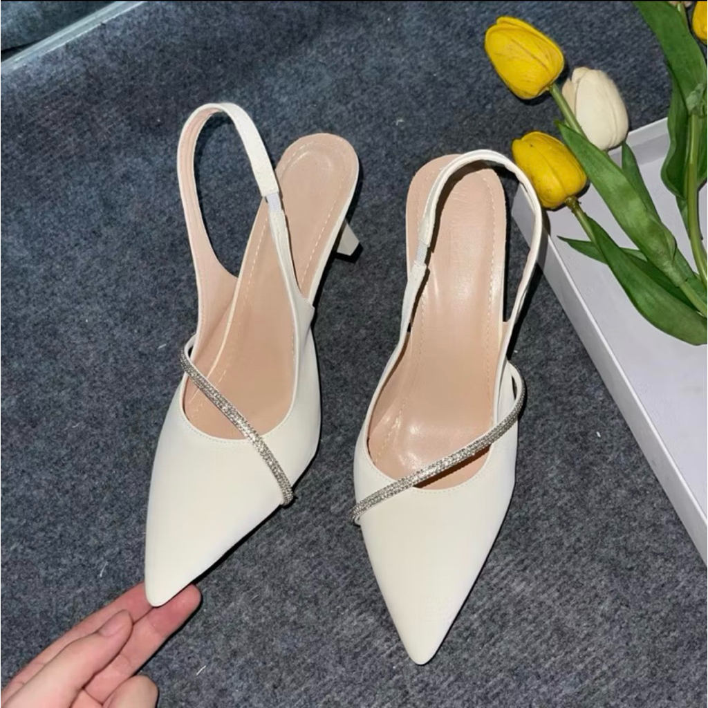 [ bigsize 35-41 ] Giầy cao gót mũi nhọn phối dây đá chéo. chất da mềm êm chân gót cao 5-9cm  mã B11