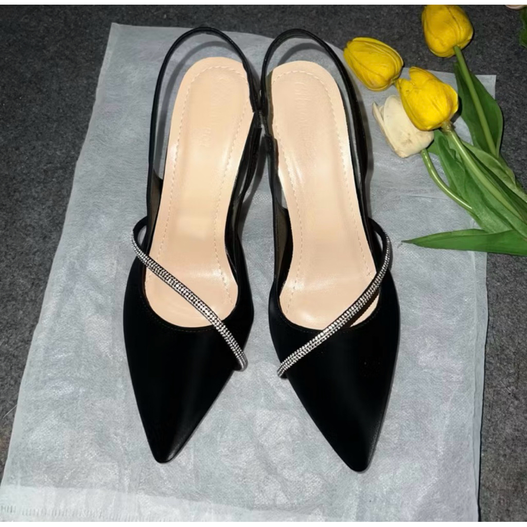 [ bigsize 35-41 ] Giầy cao gót mũi nhọn phối dây đá chéo. chất da mềm êm chân gót cao 5-9cm  mã B11