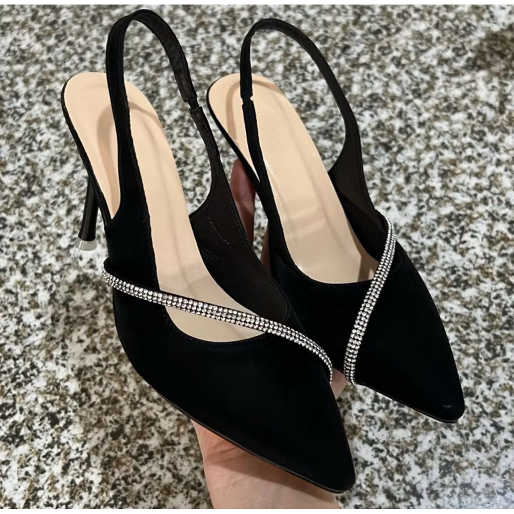[ bigsize 35-41 ] Giầy cao gót mũi nhọn phối dây đá chéo. chất da mềm êm chân gót cao 5-9cm  mã B11