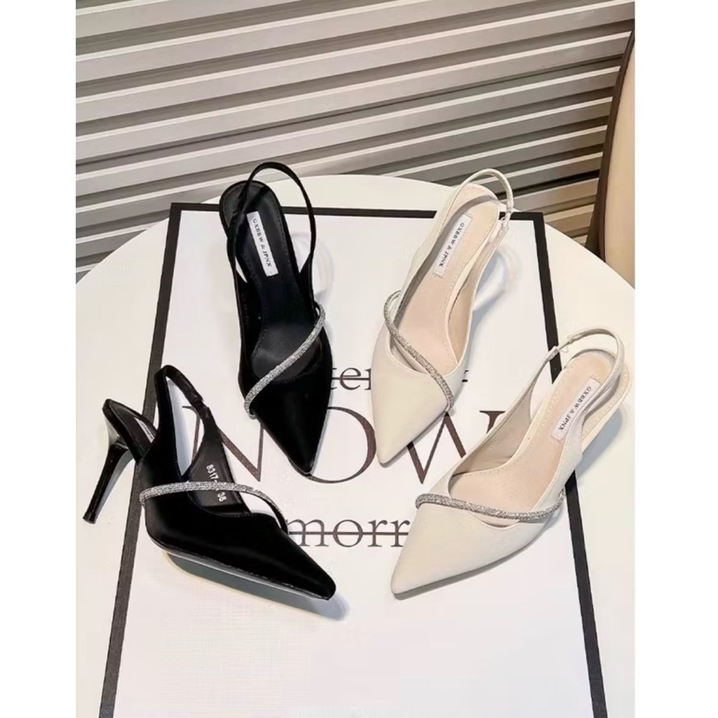[ bigsize 35-41 ] Giầy cao gót mũi nhọn phối dây đá chéo. chất da mềm êm chân gót cao 5-9cm  mã B11