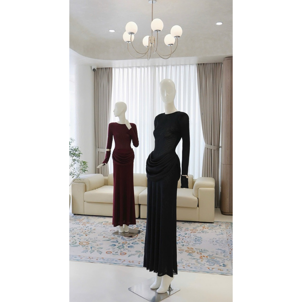 Đầm lưới tay dài ôm body phối lụa xếp eo đui cá