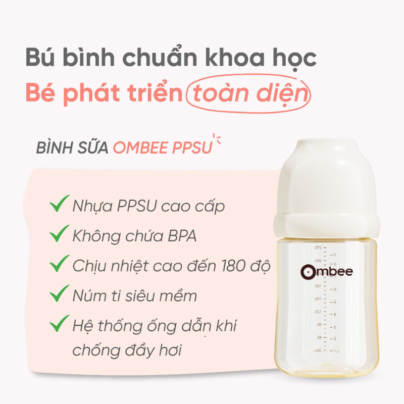 Bình Sữa Ombee Chất Liệu PPSU Phiên Bản Angel Chống Sặc Chống Đầy Hơi Núm Ti Mềm Cổ Rộng - FamilyCare Store