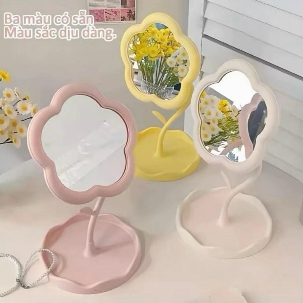 Combo 2 món gương để bàn hình hoa + lược bán nguyệt gỡ rối dễ thương tiện lợi