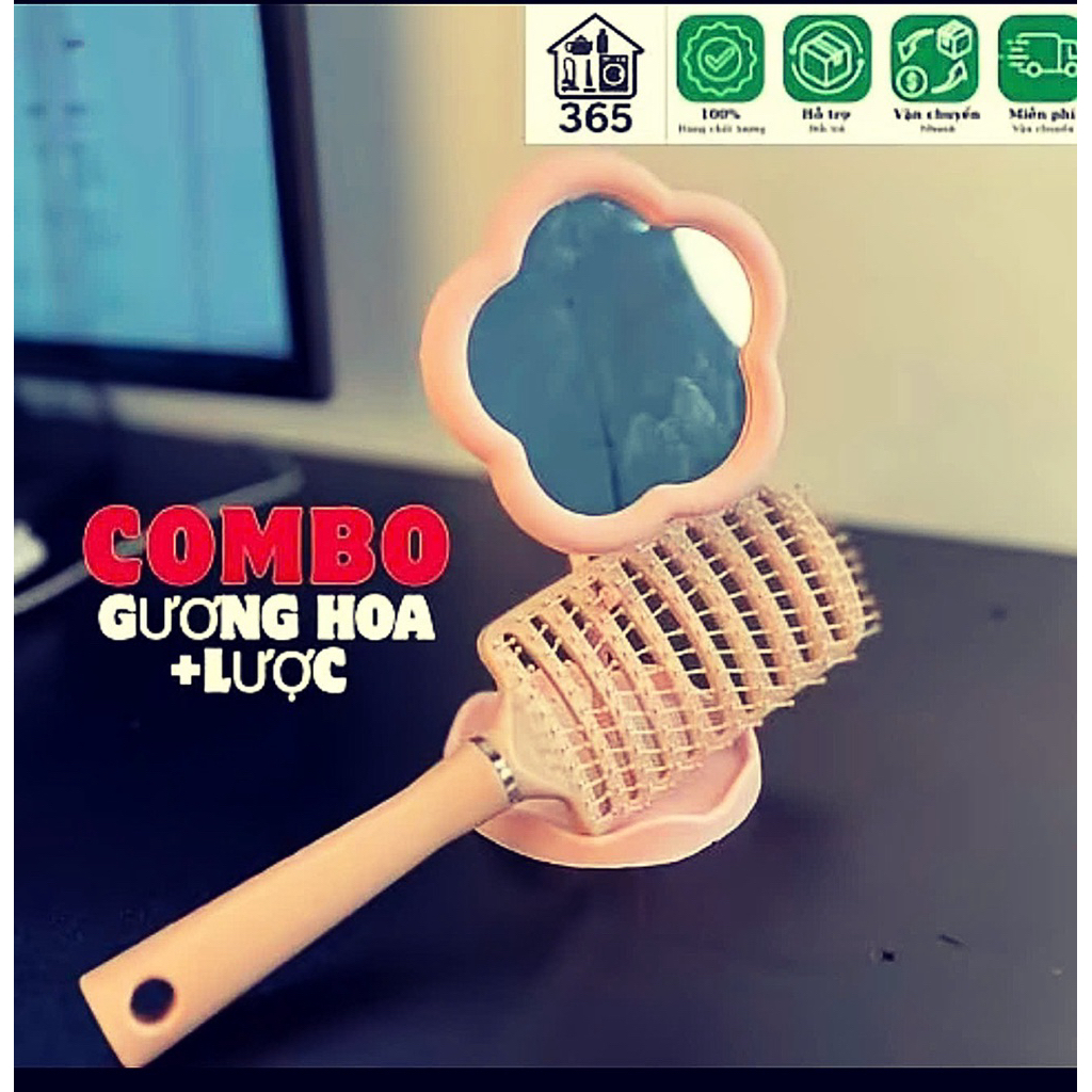 Combo 2 món gương để bàn hình hoa + lược bán nguyệt gỡ rối dễ thương tiện lợi
