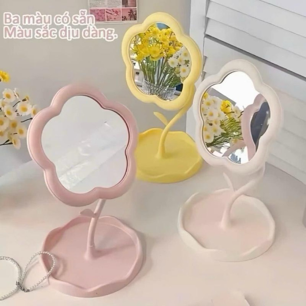 Combo 2 món gương để bàn hình hoa + lược bán nguyệt gỡ rối dễ thương tiện lợi