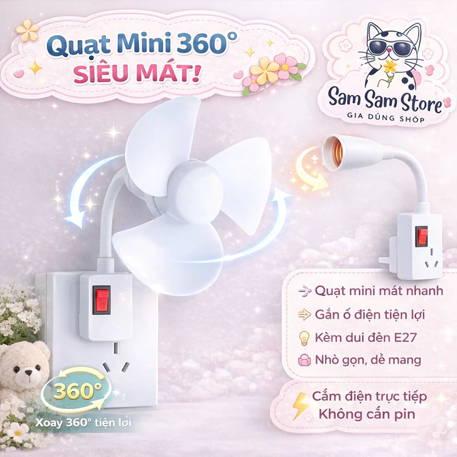 Quạt Trần Mini Gắn Đui Đèn E27 Kèm Phích Cắm – Quạt Trần Mini 3 Cánh Làm Mát Phòng, Quạt Tiết Kiệm Điện Cho Phòng