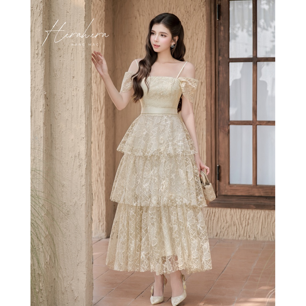 HERAH.ERA 𝐈𝐬𝐨𝐥𝐝𝐞 𝐃𝐫𝐞𝐬𝐬 - Đầm Ren Dáng Xoè Tầng Trễ Vai, Đầm Dự Tiệc Công Chúa Phong Cách Tiểu Thư Vintage