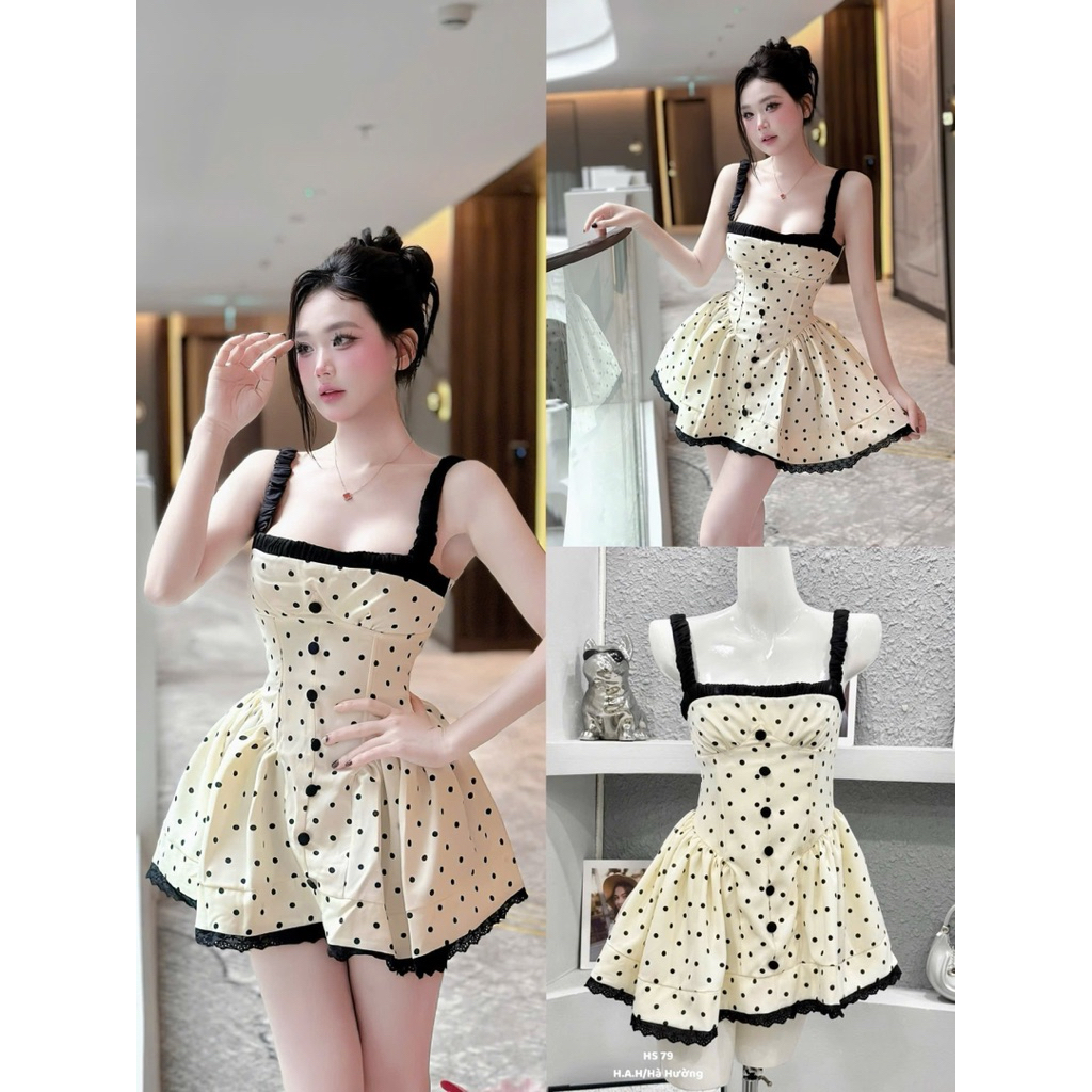 Váy 2 dây chấm bi dáng xoè đính khuy trẻ trung