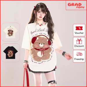 Áo phông nữ GRADPOPU mẫu mới 2026 với phong cách giản dị năng động có họa tiết gấu nghe nhạc AN259