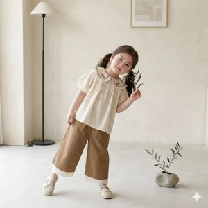 Set bộ hè Bé Gái Vintage Màu Nâu style Hàn Quốc– Áo Thô Cotton + Quần Kaki Ống Rộng Phối Ren | Đồ Trẻ Em Từ ALVA