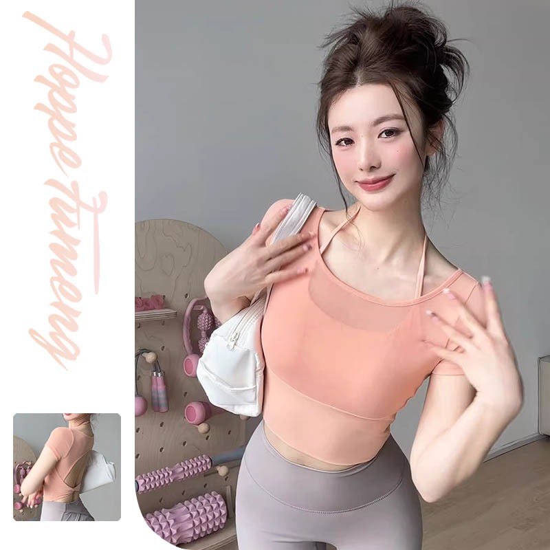 【Hoppe Fumeng】Áo yoga nữ hai lớp lưới thoáng khí, đệm ngực liền khối, dáng croptop ôm sát