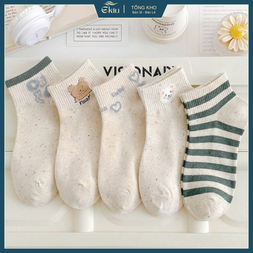 Tất vớ nữ set 5 đôi cổ ngắn dễ thương, chất liệu thoáng mát - Ekiu Shop