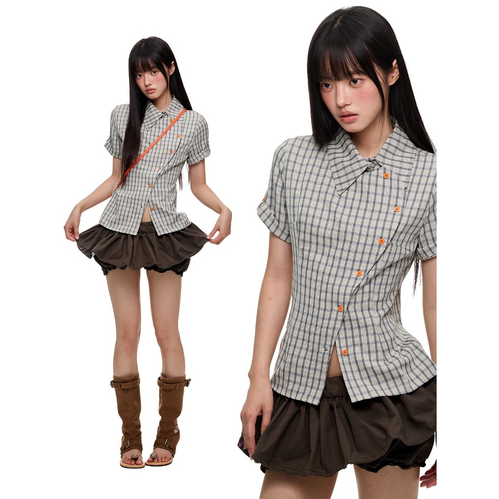 [KH47] Áo sơ mi nữ ngắn tay caro Cross-Button cúc chéo phong cách Y2K cá tính, chất vải thoáng mát | Khao Boutique