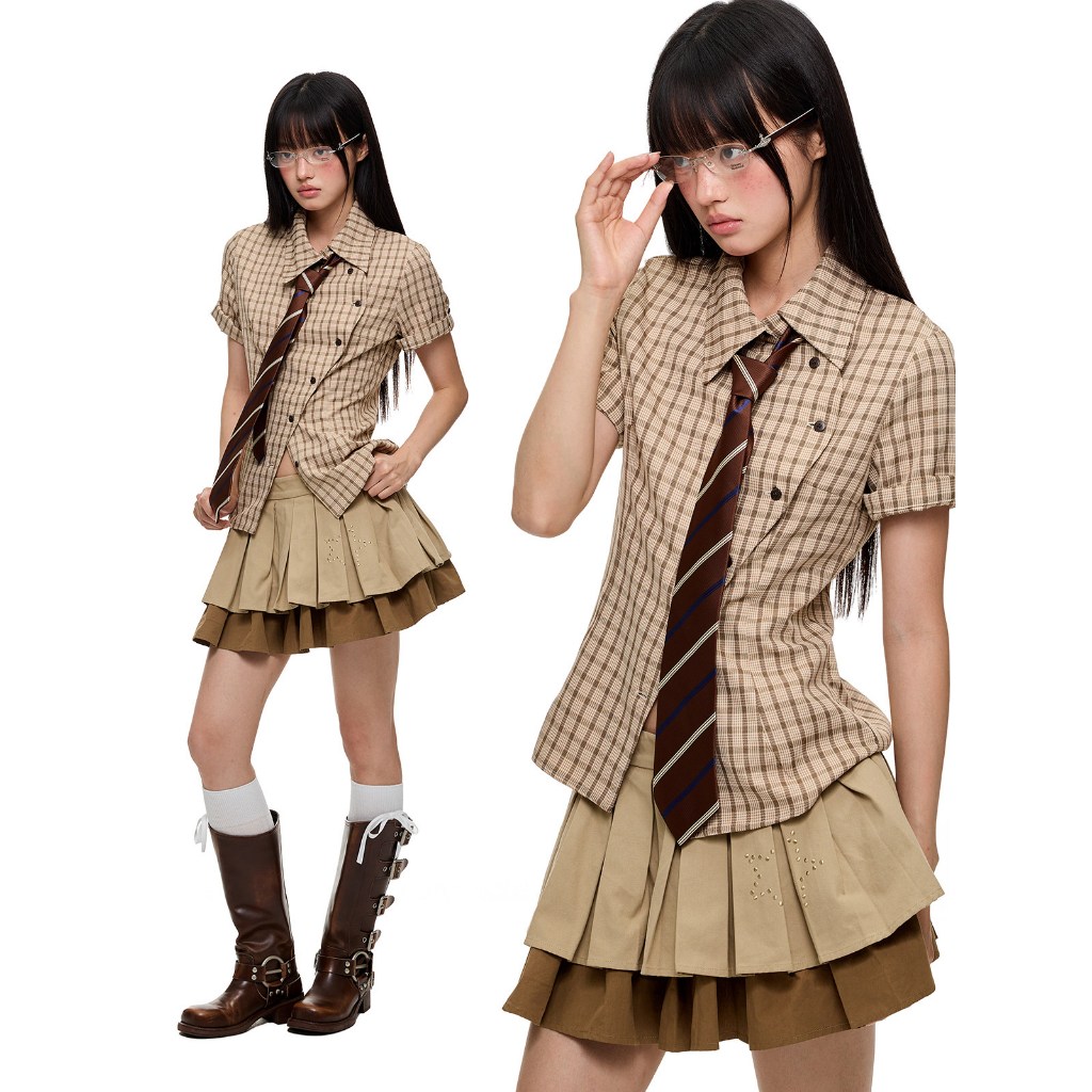 [KH47] Áo sơ mi nữ ngắn tay caro Cross-Button cúc chéo phong cách Y2K cá tính, chất vải thoáng mát | Khao Boutique
