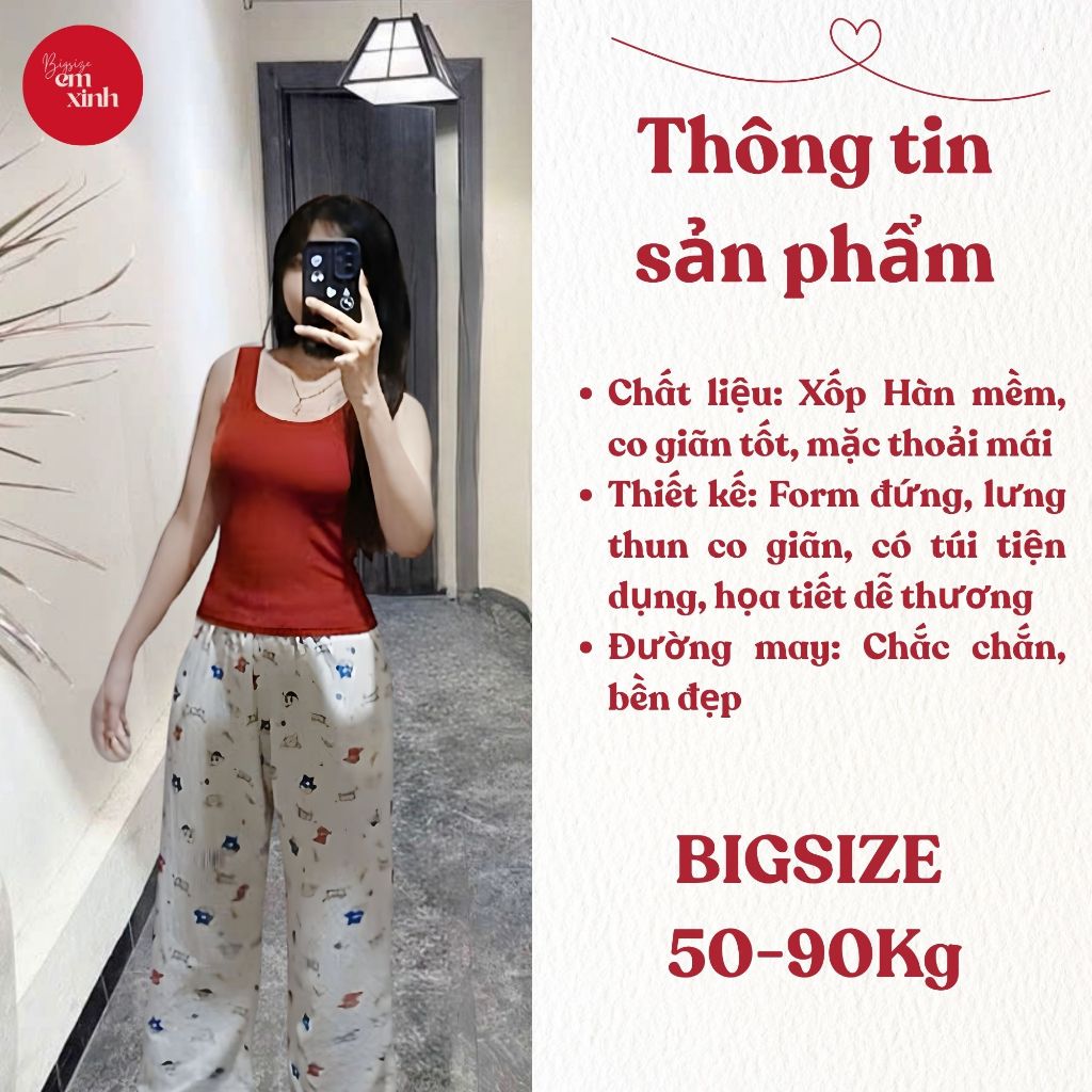Quần Dài Nữ Bigsize Họa Tiết Dễ Thương Freesize 50–90kg Form Rộng Thoải Mái – BS011 Em Xinh Bigsize