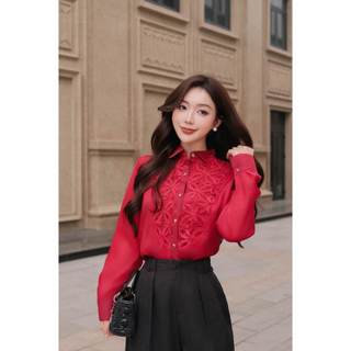 Áo Sơ Mi Nữ 𝐂𝐂𝐇𝐀𝐓 Dáng Suông Kiểu Perfetta Trang Trí Cách Điệu Chất Liệu Tơ Mềm Mại 16FDV8006ST