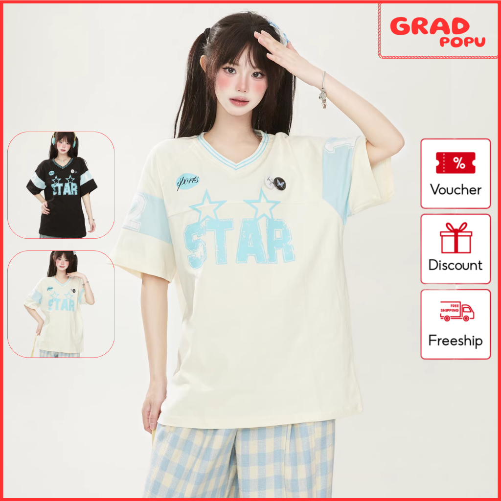 Áo thun tay ngắn GRADPOPU kiểu dáng thể thao in chữ ngôi sao phong cách trẻ trung dễ phối đồ PA71