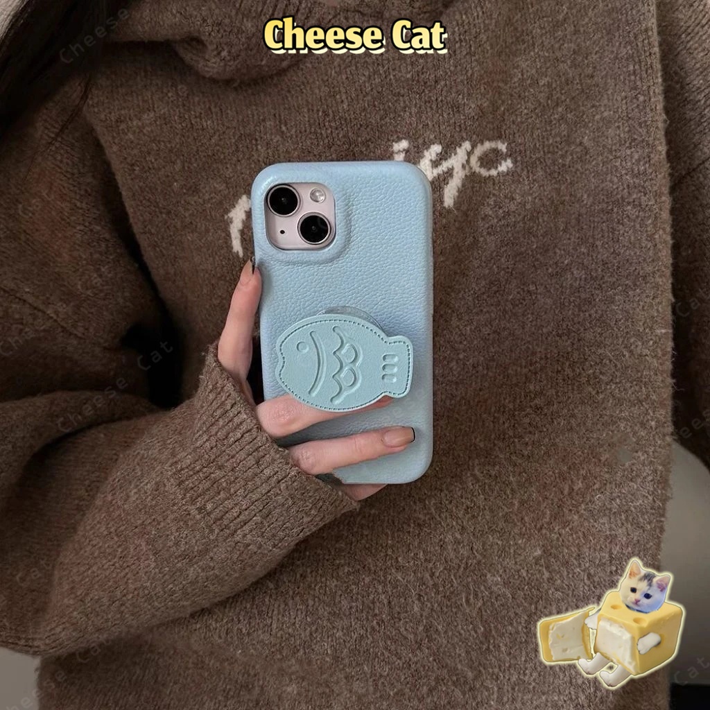 Giá đỡ điện thoại hình cá bằng da màu nâu và ốp điện thoại bằng da cho iPhone 17 16 11 12 13 14 15 Pro Max XR Xs Max 7P