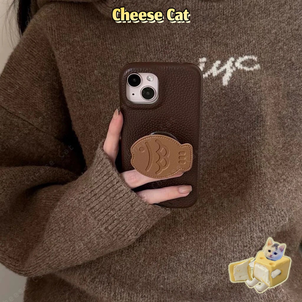 Giá đỡ điện thoại hình cá bằng da màu nâu và ốp điện thoại bằng da cho iPhone 17 16 11 12 13 14 15 Pro Max XR Xs Max 7P