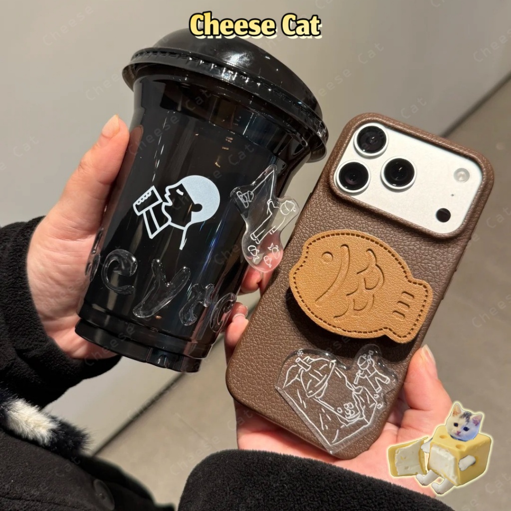 Giá đỡ điện thoại hình cá bằng da màu nâu và ốp điện thoại bằng da cho iPhone 17 16 11 12 13 14 15 Pro Max XR Xs Max 7P