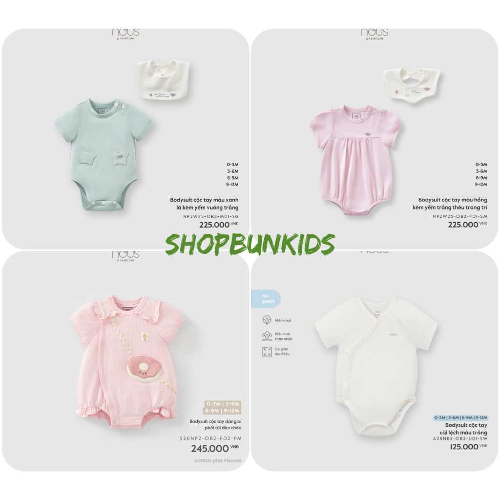 Body chip cộc Nous, bodysuit cộc tay bodysuit  chất liệu Nu Petit mềm mại cho bé sơ sinh