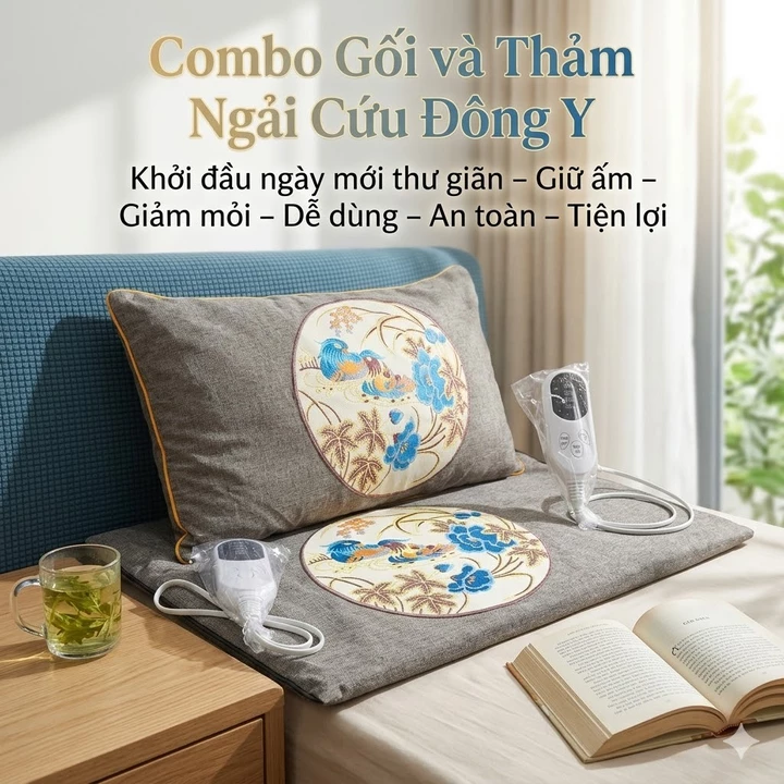 Combo Gối Và Thảm Ngải Cứu Hoàng Thịnh An Cao Cấp Chính Hãng, Nệm Ngải Cứu Đông Y Health Lab