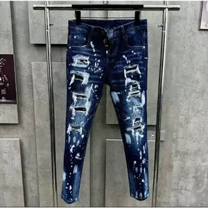 quần Jeans nam xanh vảy sơn trắng nhiều bốn cúc có