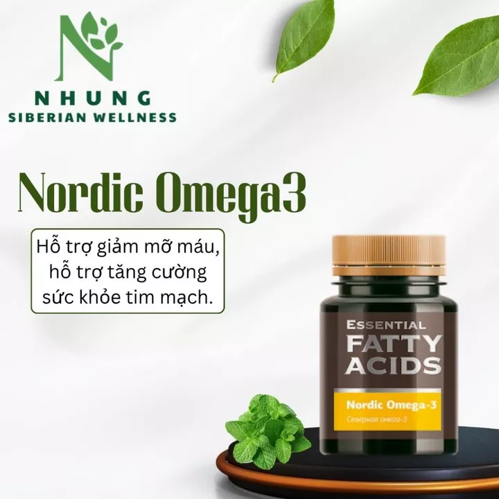 Thực phẩm Siberian Wellness Nordic Omega-3, thực phẩm bổ sung omega-3 cho sức khỏe, chai 60 viên."