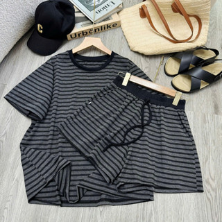 Đồ Bộ Bigsize Nữ Kẻ Sọc Ngang Áo Phồng Mix Quần Đùi Ngắn Mặc Mát Cá Tính Cho Chubby SET866