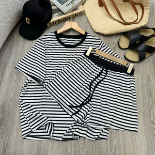 Đồ Bộ Bigsize Nữ Kẻ Sọc Ngang Áo Phồng Mix Quần Đùi Ngắn Mặc Mát Cá Tính Cho Chubby SET866