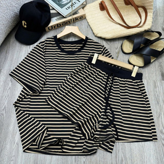 Đồ Bộ Bigsize Nữ Kẻ Sọc Ngang Áo Phồng Mix Quần Đùi Ngắn Mặc Mát Cá Tính Cho Chubby SET866