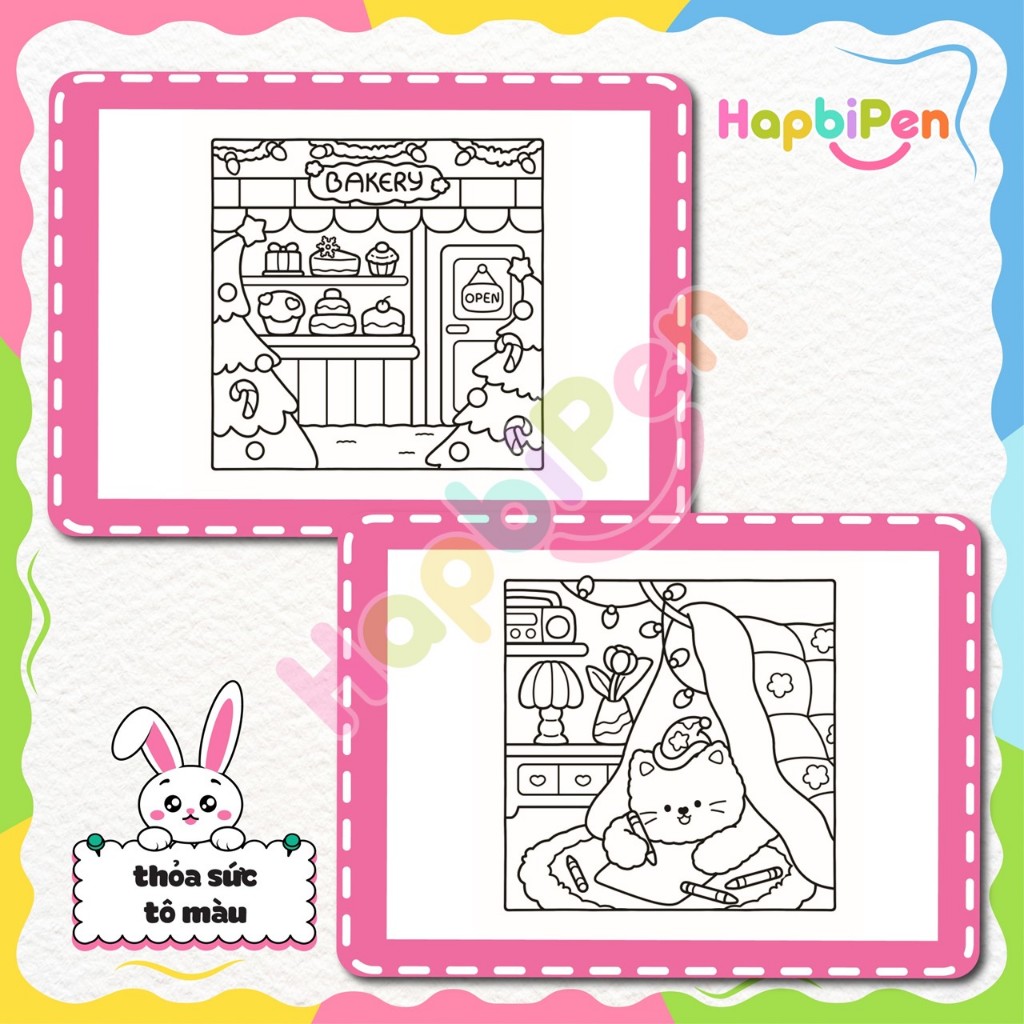 Bộ tranh tô màu 47 trang với chủ đề Cozy Corner khổ A4 và A5 dành cho bé tô màu thư giãn Vol 4
