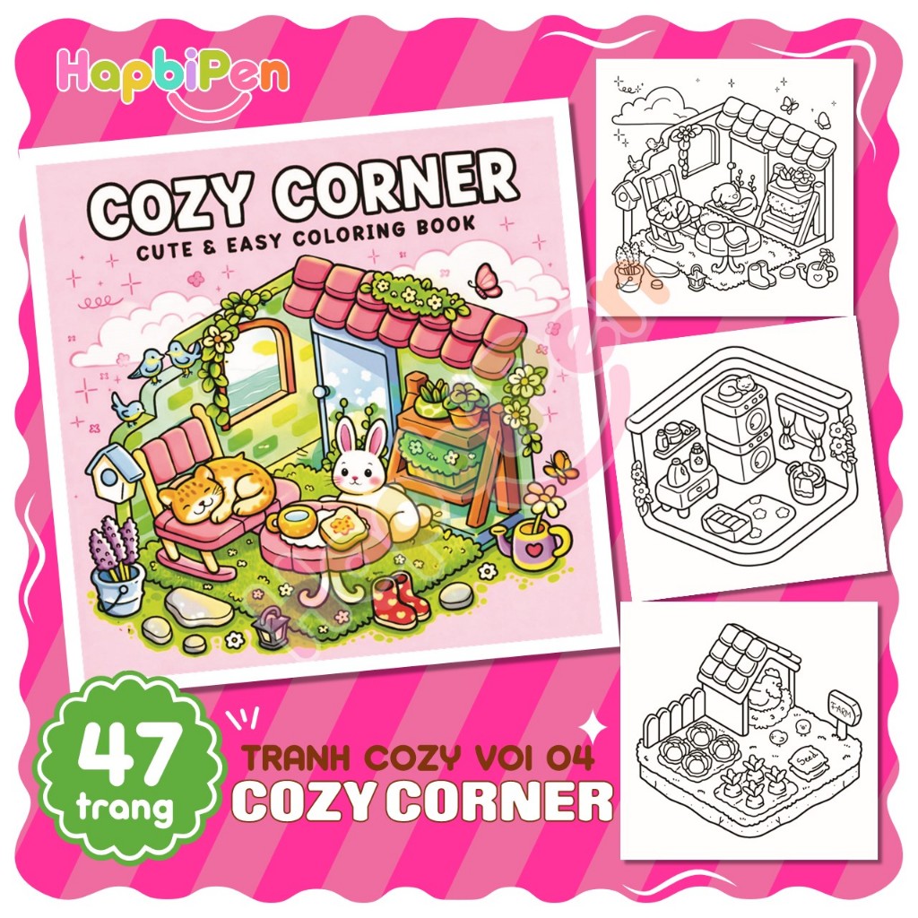 Bộ tranh tô màu 47 trang với chủ đề Cozy Corner khổ A4 và A5 dành cho bé tô màu thư giãn Vol 4