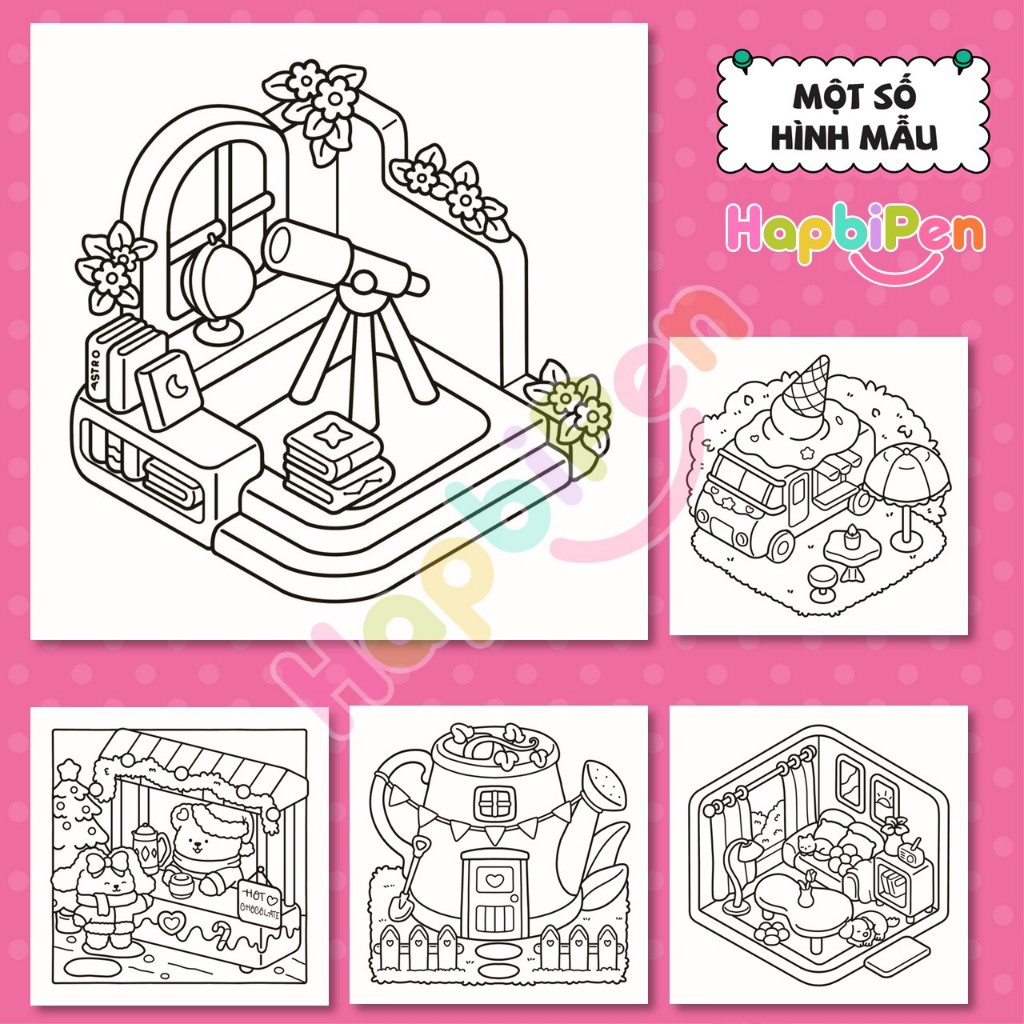 Bộ tranh tô màu 47 trang với chủ đề Cozy Corner khổ A4 và A5 dành cho bé tô màu thư giãn Vol 4