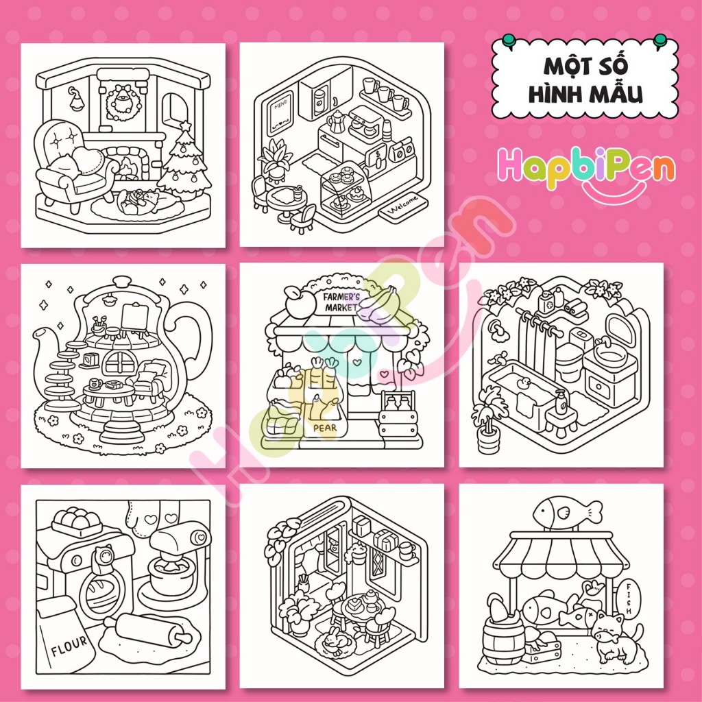 Bộ tranh tô màu 47 trang với chủ đề Cozy Corner khổ A4 và A5 dành cho bé tô màu thư giãn Vol 4