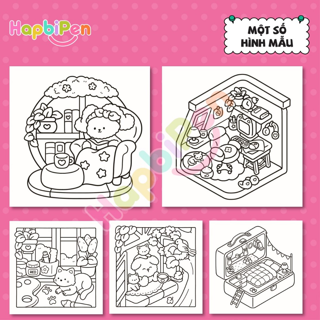 Bộ tranh tô màu 47 trang với chủ đề Cozy Corner khổ A4 và A5 dành cho bé tô màu thư giãn Vol 4