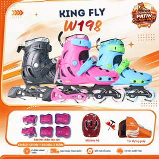 Giày patin trẻ em King Fly W198 8 bánh đèn, bánh cao su pha, càng hợp kim nhôm chịu lực dưới 50kg 3 màu xanh/hồng/đỏ