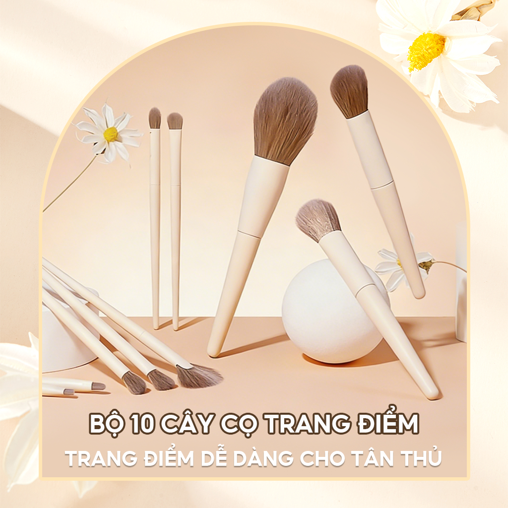 Bộ cọ makeup 10 cây trang điểm chuyên dụng cọ má hồng cọ kẻ mắt thân gỗ đầu bông mềm mịn